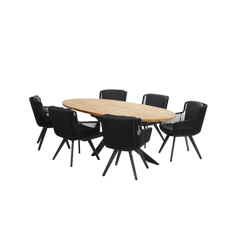 4SO Prado Ellips teak tuintafel met Flores dining tuinstoel antraciet