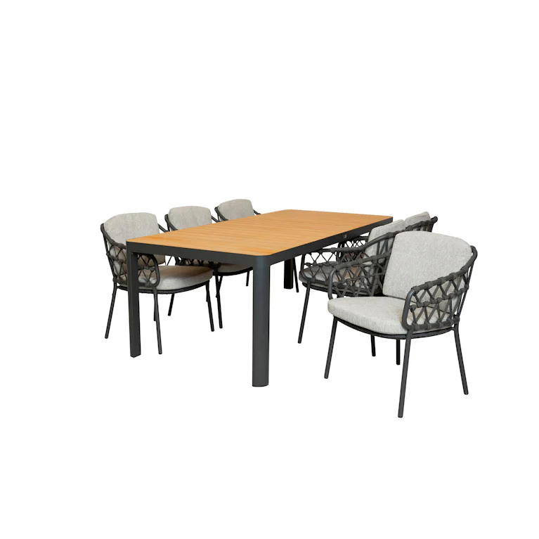 Qopps Mikos tuintafel 220 met 6 4SO Calpi dining tuinstoel