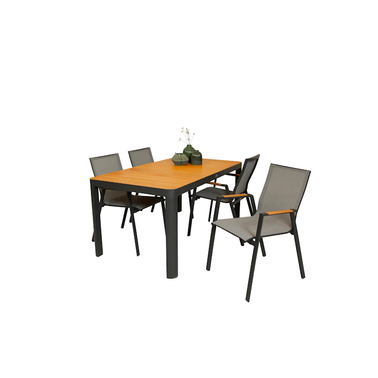Qopps Mikos tuintafel 160 met 4 Jibba stapelbare tuinstoel met teak armlegger